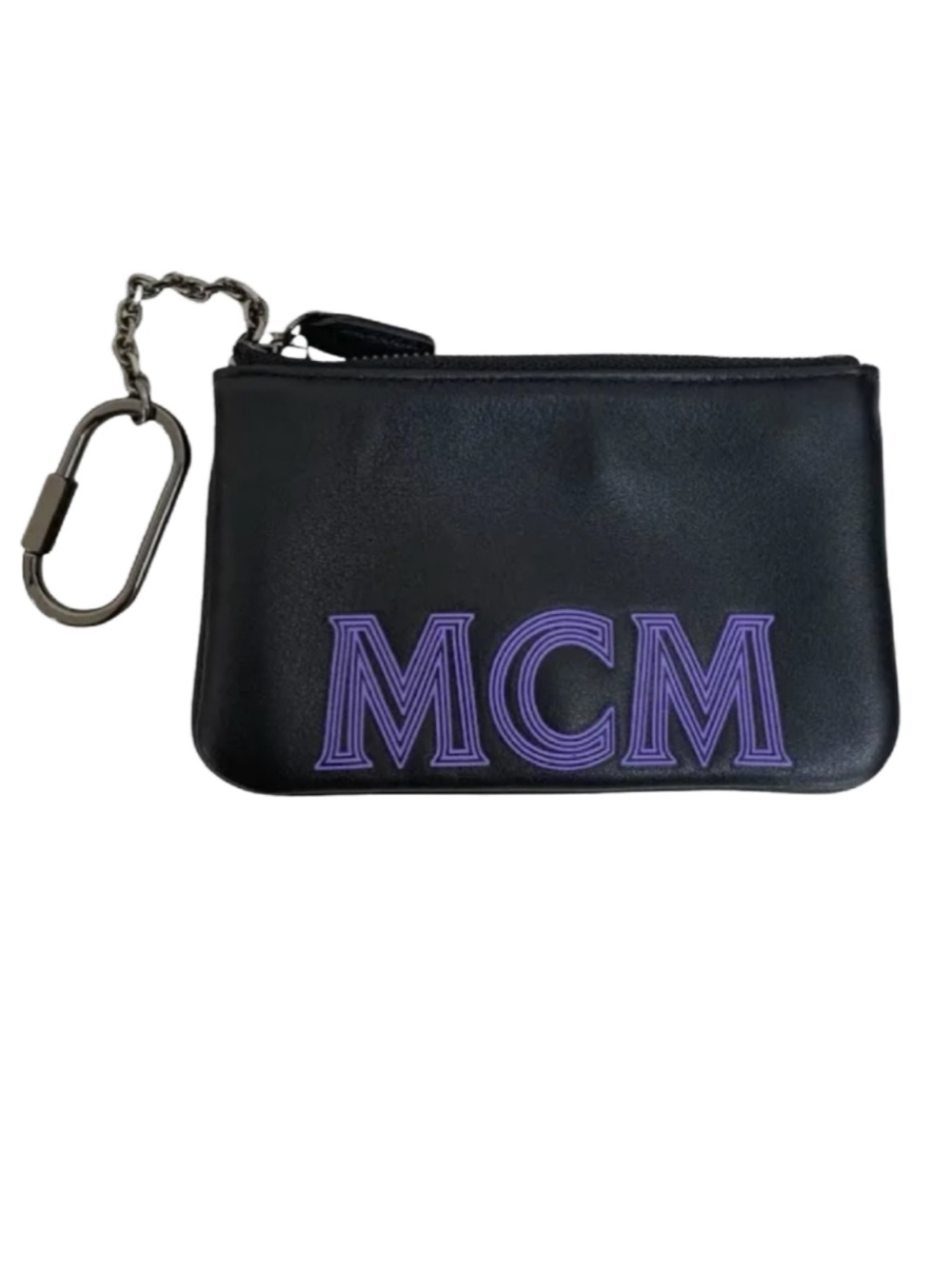 NWT MCM Black Leather Pouch Wallet with Purple Logo Napa